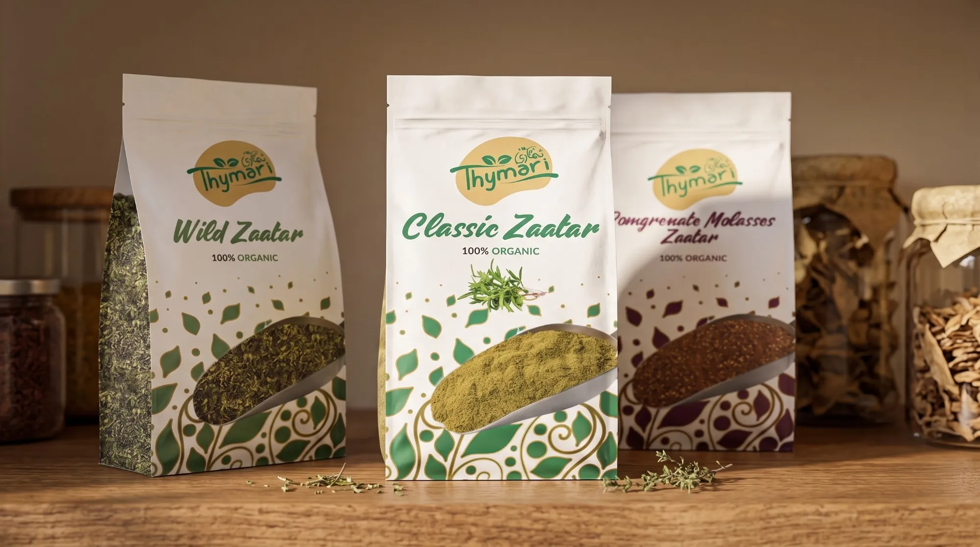 Thymari three pouches on a shelf