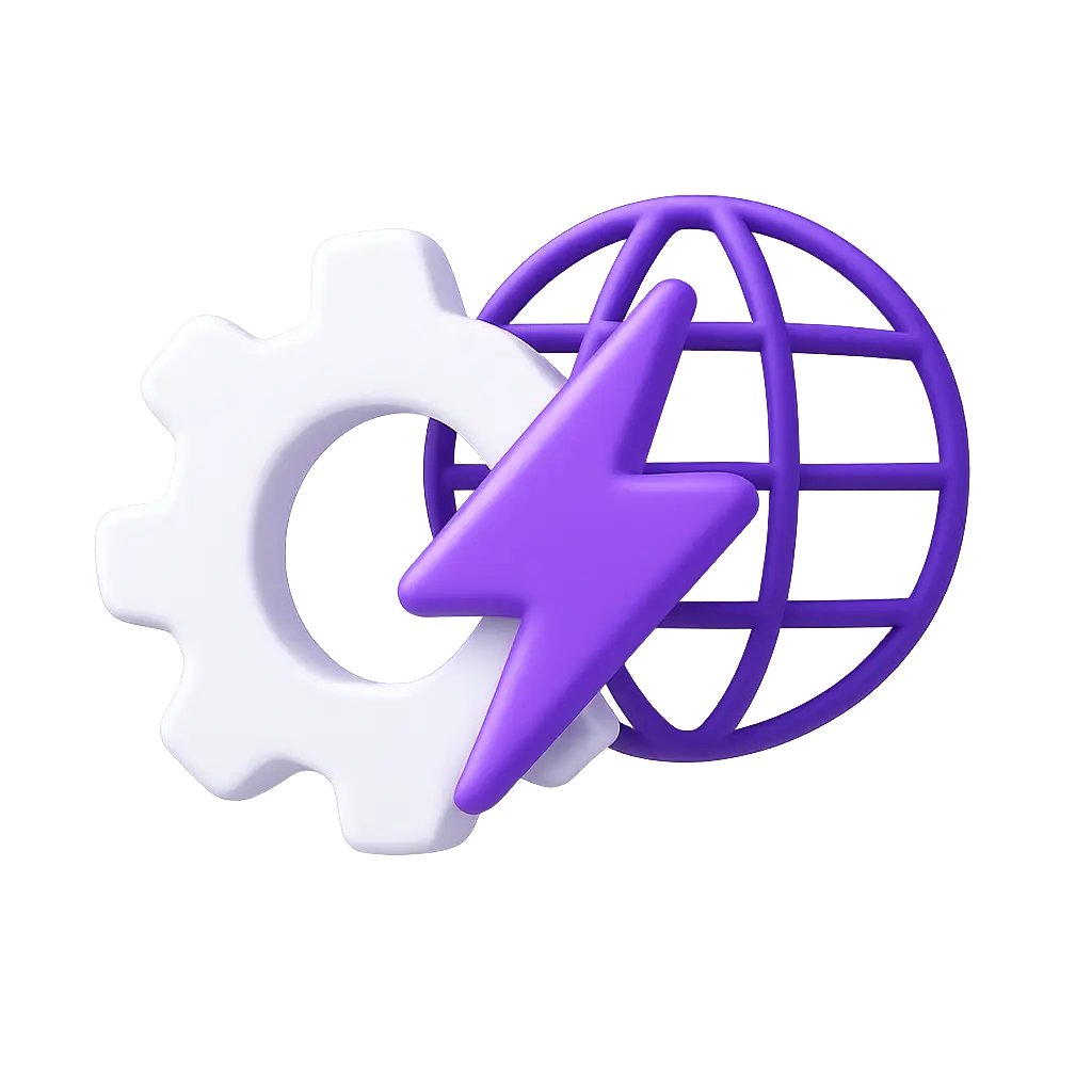 black-agency-startup-agility-icon 3D icon of a white gear, globe outline, and #7E5BEF purple lightning bolt representing startup agility<br />