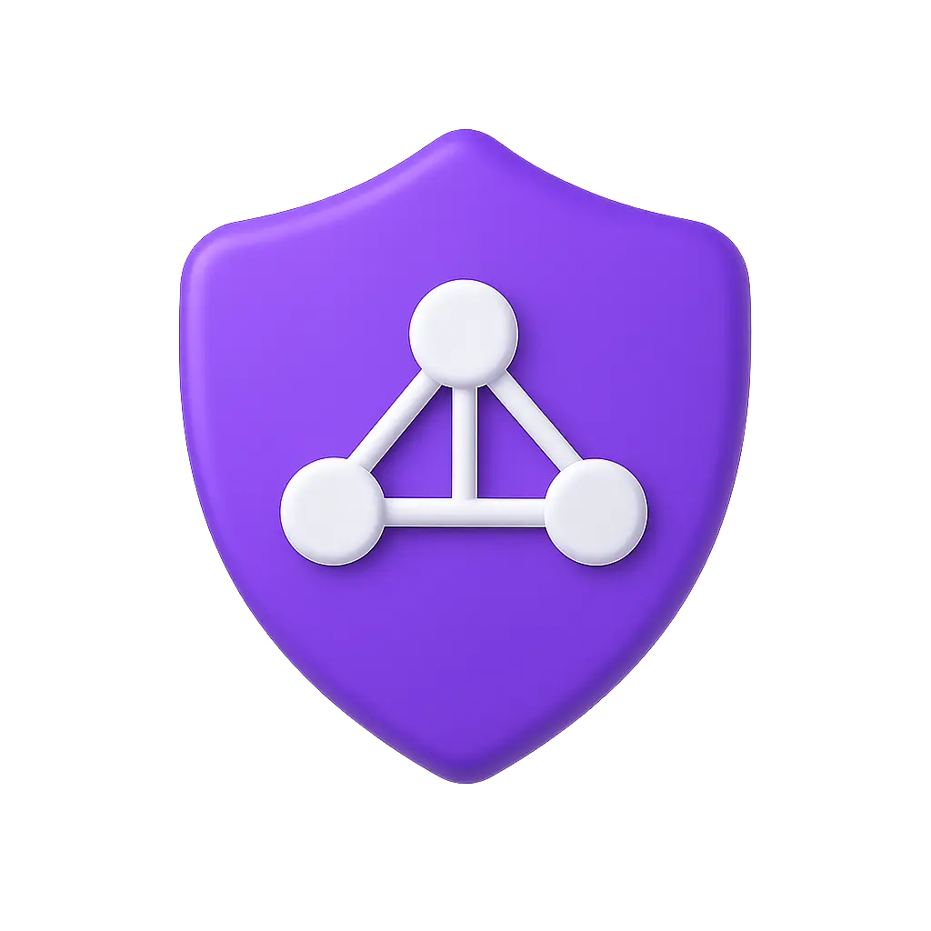 resilient-by-design-3d-icon-purple-shield-transparent 3D icon of a white gear, purple globe grid and lightning bolt representing startup agility